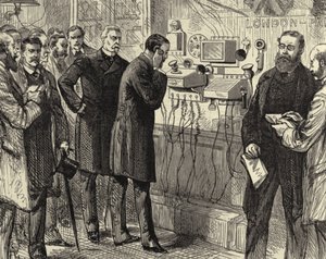 Opening of the Anglo-English telephone line. The first London to Paris telephone conversation at the General Post Office, London. Bell instruments were used at the London end. Wood engraving Paris 28 March 1891.