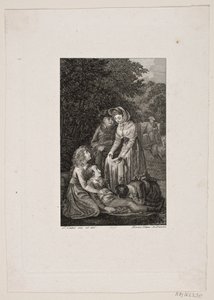 Illustration with Four People Around a Sick Boy in a Forest by Meno Haas