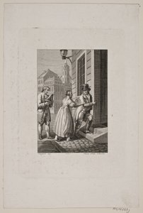 Illustration with a Woman Stopping a Gentleman at a Gate While a Servant Looks On