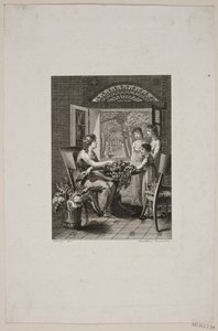 Illustration with women around a table in a conservatory