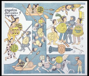 Final Battle between Hernando Cortes and Cuauhtemoc at Tenochtitlan, August 1521, Illustration from a Facsimile of a Mexican Indian Picture History Lienzo de Tlaxcala of c.1550, 1892