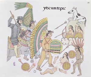 Hernando Cortes, Under Siege at Tenochtitlan, Resolves to Leave the City, Illustration from a Facsimile of a Mexican Indian Picture History Lienzo de Tlaxcala of c.1550, 1892