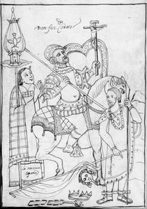 Cortes on Horseback, standing over the defeated Aztec King Moctezuma, illustration from Historia de Tlaxcala by Diego Munoz Camargo