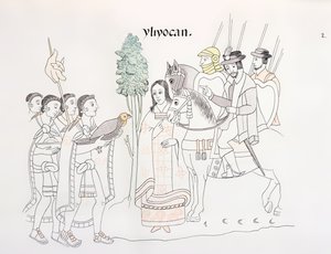 Meeting of Hernando Cortes and the Aztecs, Illustration from a Facsimile of a Mexican Indian Picture History Lienzo de Tlaxcala of c.1550, 1892 by Mexican School