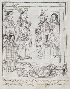 Montezuma meets Cortez, from Historia de Tlaxcala by Diego Munoz Camargo by Mexican School