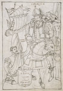 Christopher Columbus Symbolically offers the New World to Charles V, from Historia de Tlaxcala by Diego Munoz Camargo