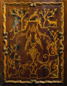 Rococo style wood linen cupboard with polychrome inlays and base