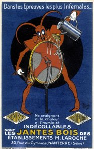 Red devil in front of a bike wheel illustrating an ad for the wooden rims of Laroche (Nanterre) establishments (engraving) by Mich