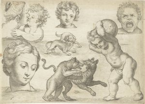 Study Sheet with Drawing Examples: Heads and Fighting Animals (series title: Drawing Examples) by Michael Snijders