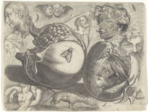 Study sheet with drawing examples: heads, figures, fruits, animals by Michael Snijders