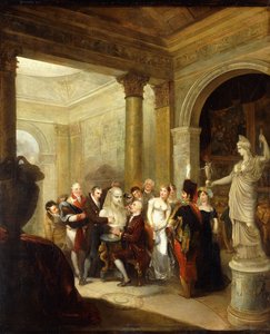 A Capriccio Interior with a Group of Ladies and Gentlemen Examining a Bust of Antinous, with the Hope Athene and a Picture Gallery Beyond to the Right; a Domed Salon to the Left