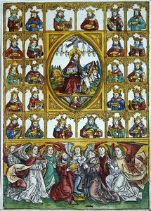 Jesus surrounded by the Symbols of the Four Evangelists and many kings carrying harps and gold cups by Michael Wolgemut or Wolgemuth