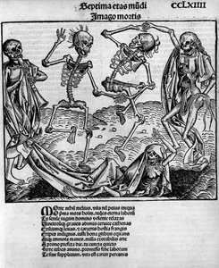 Macabre dance scene, with skeletons, -in 
