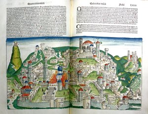 The Revolted City of Jerusalem destroyed by Emperor Titus, from the Nuremberg Chronicle by Hartmann Schedel printed in 1493 by Michael and Pleydenwurff, W. Wolgemuth