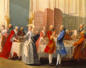 Buffet with guests next to a screen (detail)