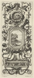 Ornamental Panel Surmounted by the Crowned Head of a Woman and Two Peacocks by Michel Dorigny, after Simon Vouet