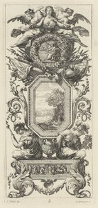 Ornamental Panel Surmounted with Two Figures Leaning on the Bust of a Woman by Michel Dorigny, after Simon Vouet