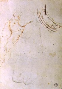 Study of a Prone Figure with Crossed Legs and a Design for a Lunette Showing a Figure Mounting a Staircase by Michelangelo Buonarroti