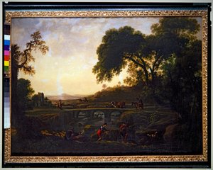 Landscape with a Bridge and Peasants and Cows and Goats by Michelangelo Cerquozzi
