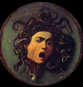 Head of Medusa. Painting on the reverse of a shield covered with canvas. Symbol of the victory of reason over the senses referring to the myth of Perseus and Medusa