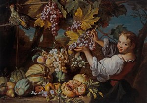 A Young Girl Presenting a Bunch of Grapes with a Still Life of Fruit