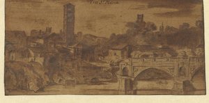 View of S. Maria in Cosmedin, the Temple of Vesta and the Ponte S. Maria in Rome by Michiel van Overbeek