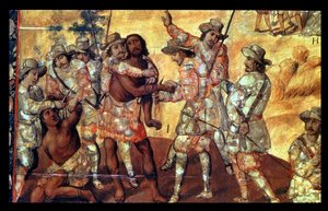 Detail of the Conquistadors Cutting Off the Hands of Two Spies of Xicotencatl by Miguel Gonzalez