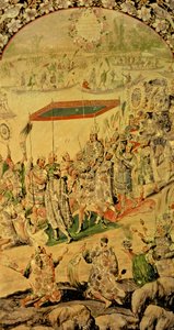 One of a pair of panels depicting the encounter between Hernando Cortes and Montezuma: Montezuma and his followers, 1698