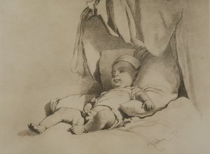 Baby Asleep on Bed by Mihaly von Zichy