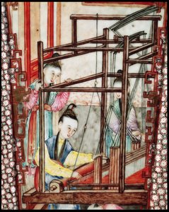 Detail from a vase depicting silk weaving by Ming Dynasty Chinese School