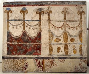 Minoan civilization: representation of two portals (Ikria). Fresco from the lustral basin of the Xeste 3 building of Akrotiri (Thera), Santorini by Minoan