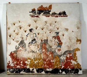 Minoan civilization: women picking saffron. Fresco from the lustral basin of Xeste 3 in Akrotiri (Thera), Santorini. 16th century BC. Santorini, Collection of the frescoes of Akrotiri a Thera by Minoan