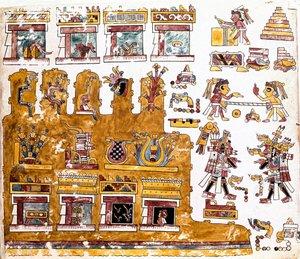 Mixtec civilization: Mixtec Codex with illustrations of activities taking place before a temple. Detail of a copy of the Codex Vindobonensis or Viennese codex sent by Hernan Cortes by Mixtec Mixtec