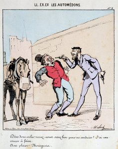 Cartoon of Transport in the City. A Bourgeois Politely Asks a Coachman to Drive Him While Threatening Him with Guns. Drawing by Moloch, around 1860
