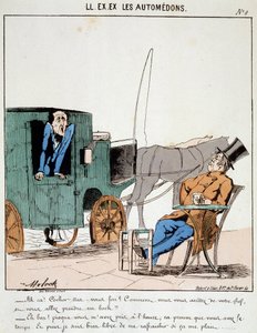 Cartoon of transport in the city. A coachman pays on time stops at a cafe to take a bock under the rales of the bourgeois he carries. Drawing by Moloch (1849-1909), around 1860.