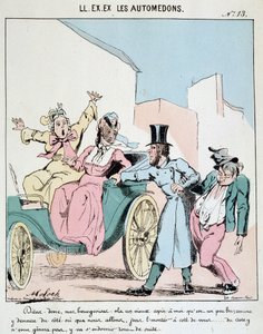 Cartoon of transport in the city. A coachman takes a drunk friend into the carriage next to two horrified bourgeois women. Drawing by Moloch (1849-1909), around 1860. by Moloch