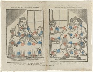 Trijn Antijddorst, Born: Koffijlief. / Headwoman of the Coffee Sisters Society. / Hans Altyddorst. / Headman of the Beer Drinkers Society by Monogrammist B (prentmaker)