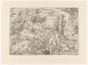 Landscape with Shepherd and Flock of Sheep by Monogrammist DB (etser 16de eeuw)