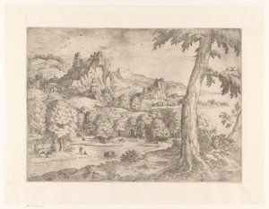 Panoramic Landscape with Large Tree by Monogrammist DB (etser 16de eeuw)