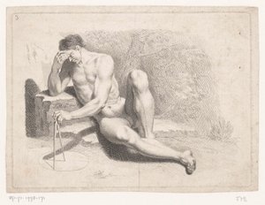 Seated Naked Man with Compass by Monogrammist FML (prentmaker)