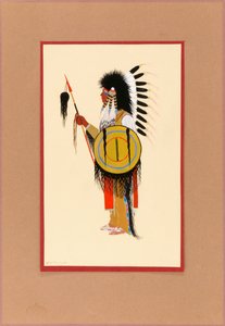 Cheyenne Warrior in Feather Headdress with Shield by Monroe Tsatoke