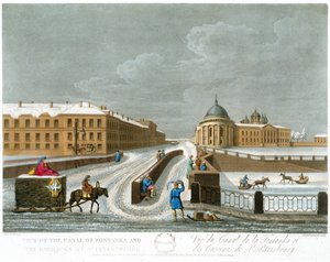 View of the Canal of Fontanka and the Barracks, illustration for November from A Year in St. Petersburg etched by John H. Clark, coloured by M. Dubourg. pub. 1815 in London by Edward Orme