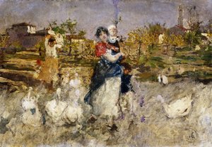 A Mother and Child with Geese by Mose Bianchi