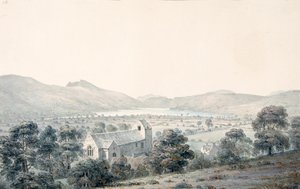 View of Bala Pool, Llyntagit, from above Llanfawr Church, Meirionethshire by Moses Griffith