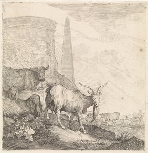 Goats and Cows by a Round Tower with an Obelisk by Moyses van Wtenbrouck