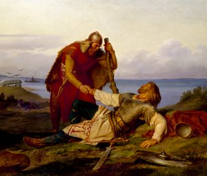 Hjalmar bids farewell to Örvar-Oddr after the Battle of Samsø, 1866 by Mårten Eskil Winge