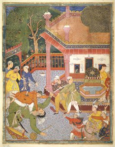 A hero slays a giant before a crowd of onlookers in a courtyard, illustration from the Hamza Nama
