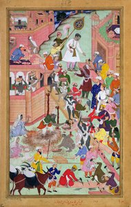 Emperor Akbar inspecting the building work at Fatepur Sikri, city completed 1584, from the Akbarnama