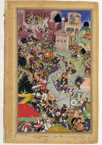 Emperor Akbar shoots Saimal at the Siege of Chitov in 1567, from the Akbarnama made by Abul Fazi by Mughal School