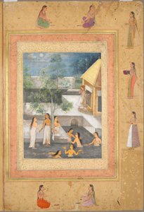 Harem Night-Bathing Scene (recto): Calligraphy Framed by an Ornamental Border of Flowers and Birds (verso), c.1650 by Mughal School